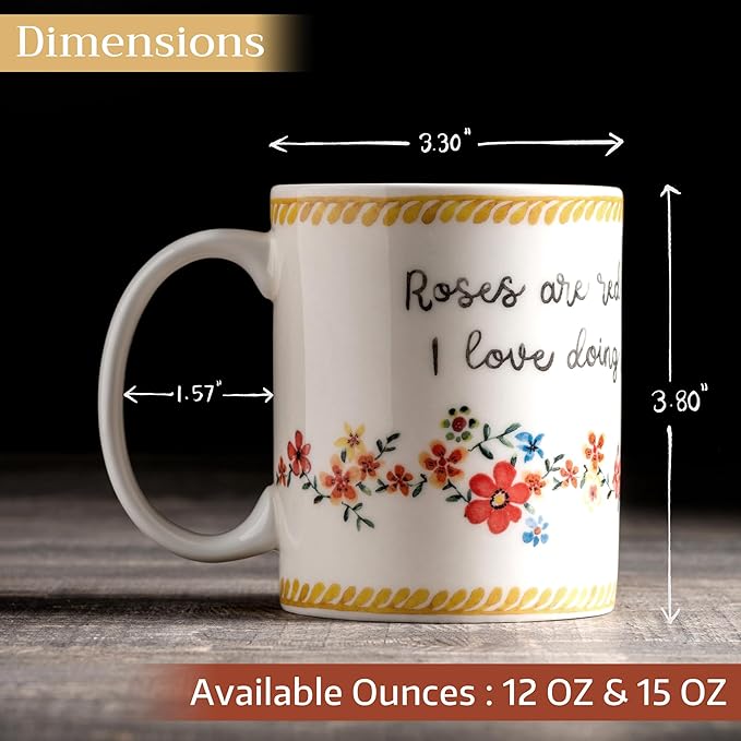 Maison d' Hermine Coffee Mug with Handles Fine Bone China Mugs Pack of One Tea Cups for Hot Beverages Cappuccino Latte Home Office Perfect for Gift (Happy Florals - Sweety Roses Are Red, 15 Ounce)