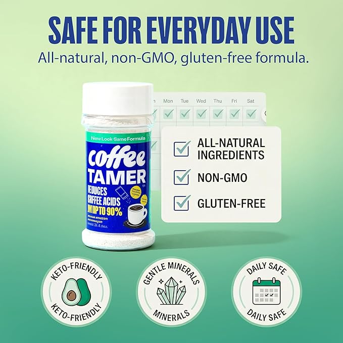 Coffee Tamer Acid Reducer Powder 2.4oz Shaker Bottle - All Natural Coffee Acid Reducer, Alkalizing Granules Reduce Acidity By 90%, Keto Friendly, Sugar-Free, Non-GMO, Preserves Original Flavor