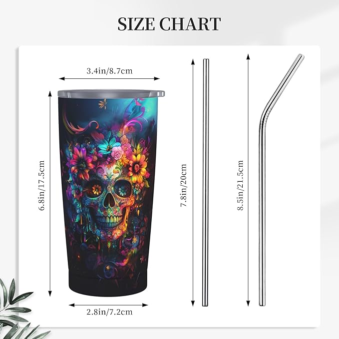 Skull Tumbler with Lid and Straw 20oz Coffee Tumblers Leakproof Stainless Steel Travel Mug Vacuum Insulated Cup for Iced and Hot