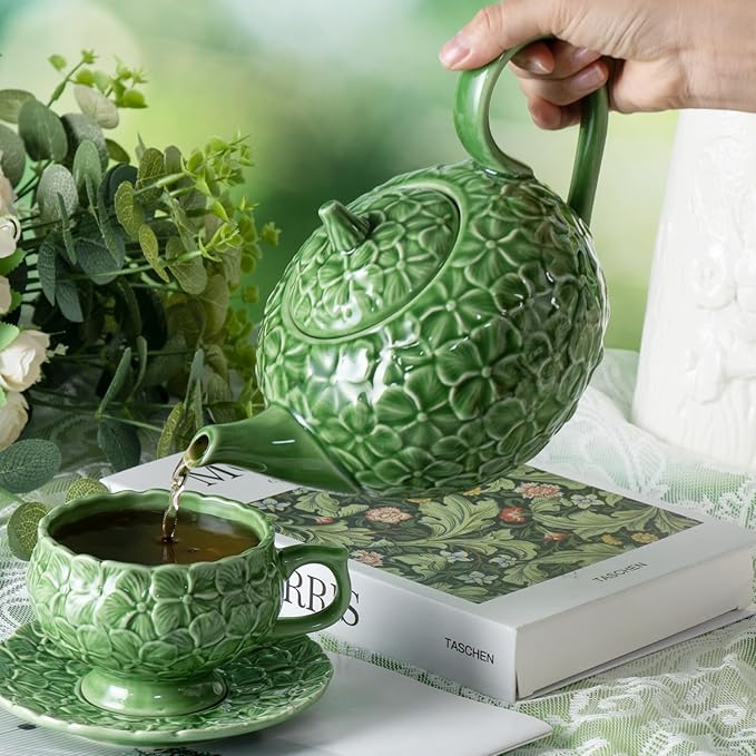 KAMMAK Teapot with Handle, Vintage Porcelain Tea Pot with Gold Trim, Blooming & Loose Leaf Teapot, Festive Holiday Serveware, Gifts for Women, Green - 28 oz