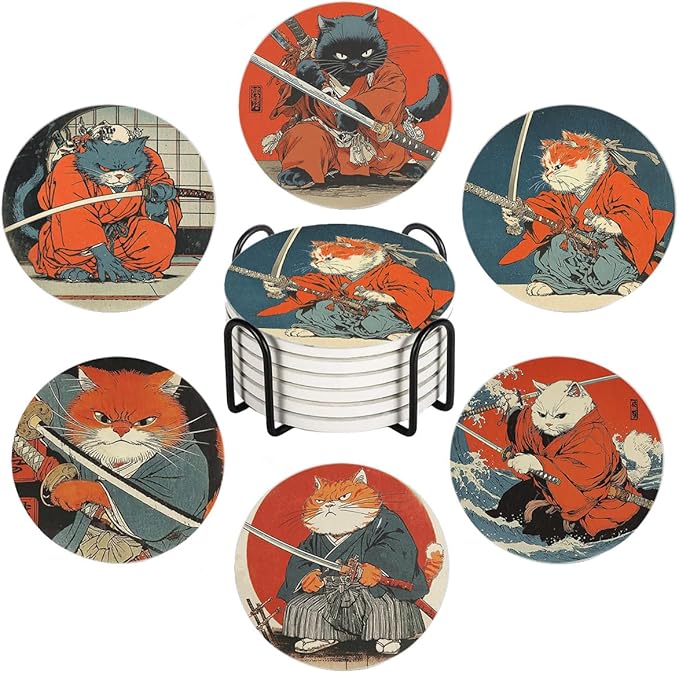 LOKMU Coasters for Drinks, Round Absorbent Ceramic Stone Coaster Sets of 6 with Metal Holder Stand, Japanese Cat Coasters with Cork Base for Coffee Wooden Table, Housewarming Gifts