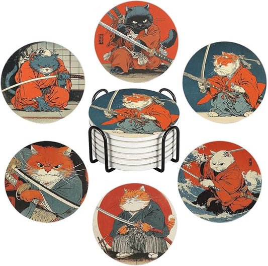 LOKMU Coasters for Drinks, Round Absorbent Ceramic Stone Coaster Sets of 6 with Metal Holder Stand, Japanese Cat Coasters with Cork Base for Coffee Wooden Table, Housewarming Gifts