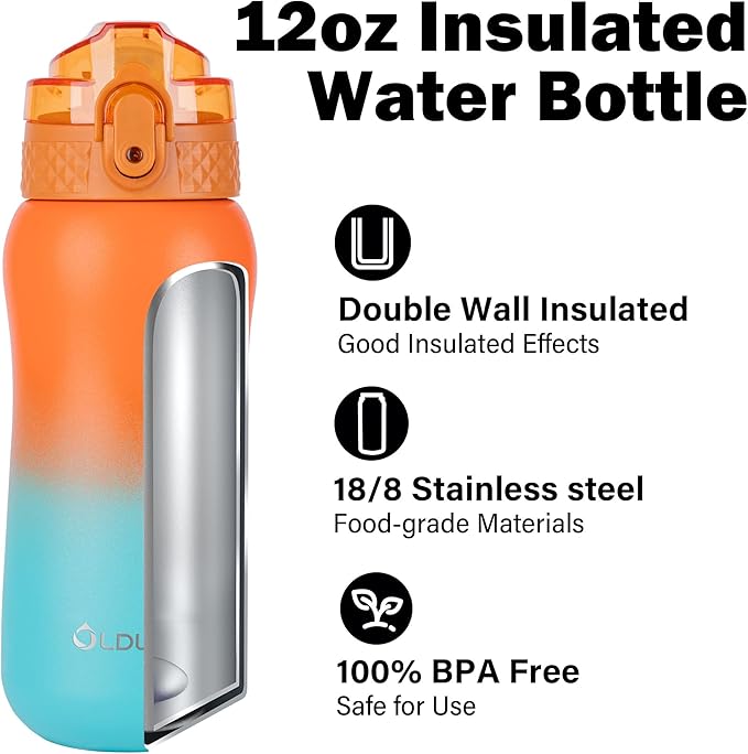 OLDLEY Insulated Kids Water Bottle 12oz, Stainless Steel, Double Wall, Leak-Proof, School Travel, Ombre Orange-Green