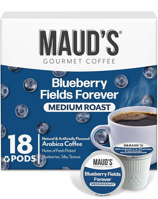 Maud's Blueberry Flavored Coffee Pods, 18 ct, Medium Roast Flavored Coffee in Recyclable Single Serve Pods – 100% Arabica Beans, Compatible with Keurig K Cups Maker