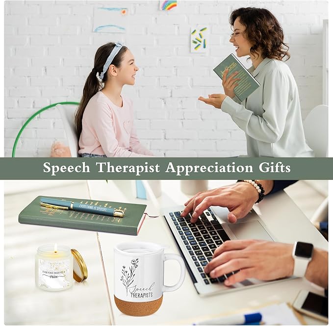 4 Pcs Speech Therapist Gift Set Therapy Speech Language Pathologist Gift for Men Women Slp Thank You Appreciation Notebook Coffee Mug Scented Candle Ballpoint Pen for Therapist Coworker