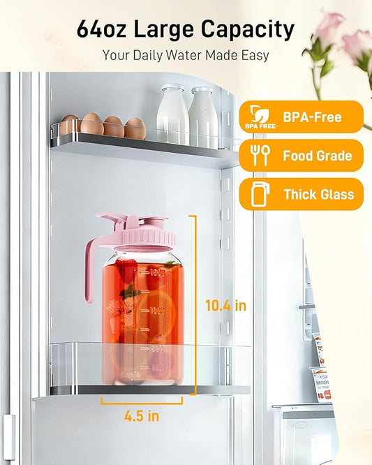 64 oz Glass Pitcher with Lid, Large Wide Mouth Mason Jar with Pour Spout, Pink Sun Tea Jar for Outside, Glass Water Pitcher Great for Drink, Cold Beverages and Breast Milk