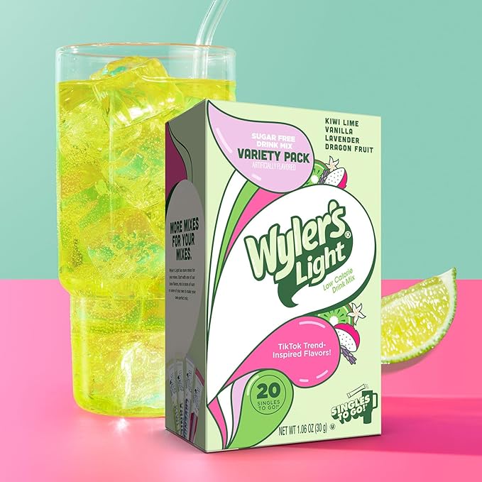 Wyler's Light Singles to Go Powder Packets, Water Drink Mix, Variety, Watertok Base Flavors, Kiwi Lime, Vanilla, Lavender, and Dragon Fruit, Sugar & Caffeine Free, On-The-Go, 20 Count (Pack of 2)
