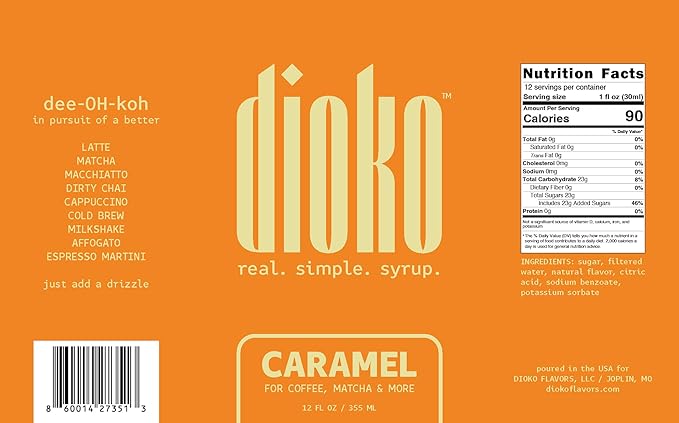Dioko Simple Syrup, 12 fl. oz Premium Coffee & Dessert Syrup with Easy Pour Spout | No Artificial Dyes or Colors | Perfect for Lattes, Iced Coffee, Cocktails, Pancakes & More (Caramel)