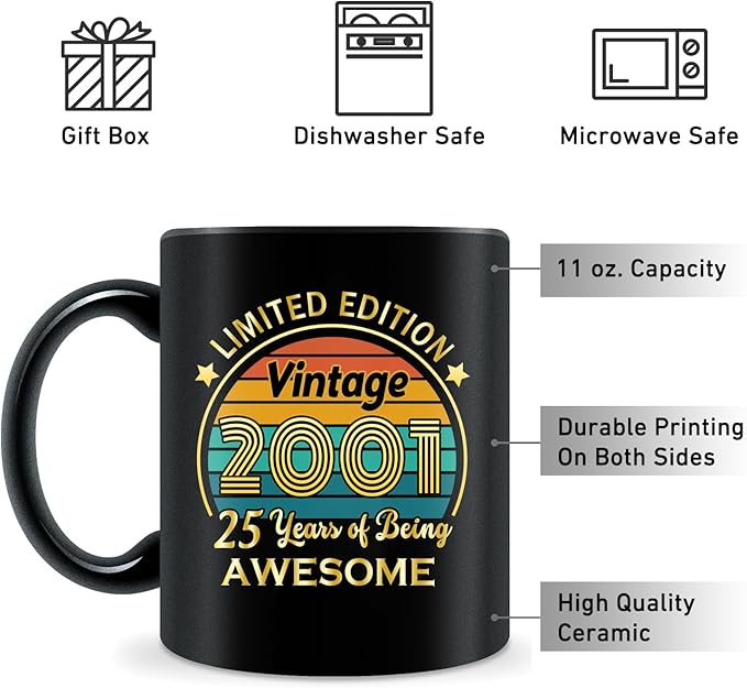QUPT 25th Birthday Gifts for Women Men, 25th Birthday Gifts for Him, 2001 Birthday Gifts for Women Men, 25 Years Old Gifts, 2001 Birthday Gifts for Her Him, 25th Birthday Presents Coffee Mug