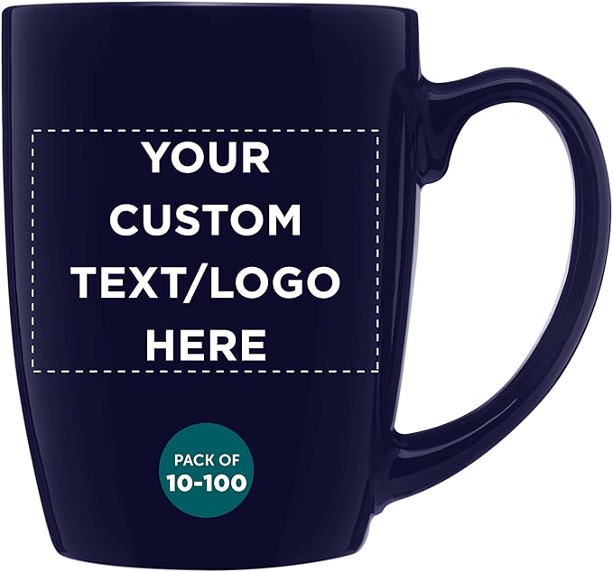 DISCOUNT PROMOS Custom Curved Java Coffee Mug 12 oz. Set of 10/50/100 - Personalized Bulk Pack - Stoneware Restaurant Cups - Cobalt Blue