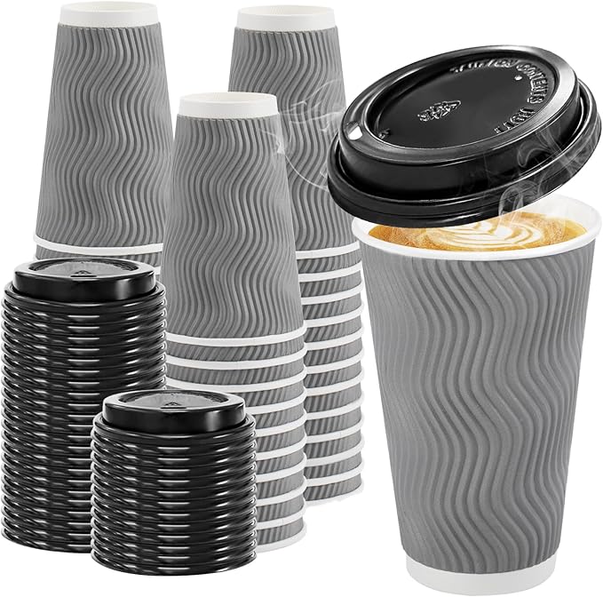 Clawsoff 100 Pack 16 oz Disposable Coffee Cups with Lids, Insulated Ripple Wall To-Go Paper Coffee Cups Suitable for Chocolate Cocoa and Hot/Cold Drinks (Grey)