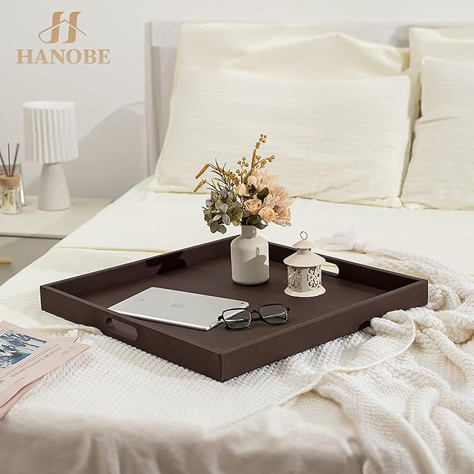 Hanobe Large Ottoman Serving Tray: Faux Leather Coffee Table Trays with Handles 22 Inch Square Extra Big Oversized Aesthetic Modern Brown Ottoman Topper for Living Room Parties Home