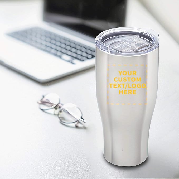Custom Stainless Steel Grip Travel Mugs 27 oz. Set of 100, Personalized Bulk Pack - Perfect for Coffee, Soda, Other Hot & Cold Beverages - Silver