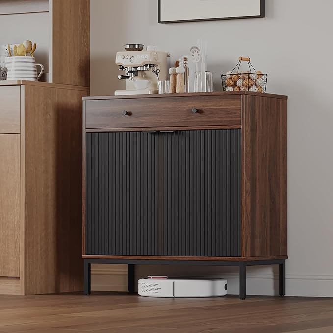 Mericonia Farmhouse Buffet Sideboard Cabinet with Storage, Fluted Coffee Bar with Doors and Adjustable Shelves, Modern Wood Cabinet for Kitchen, Livingroom (Fluted 2 Door, Walnut & Black)