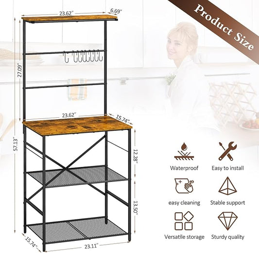 4 Tier Coffee Bar Station, Kitchen Stand with 8 S-Shaped Hooks, Large Space Coffee Station Table, Farmhouse Coffee Bar Shelf, Bakers Rack for for Kitchen, Living Room, 23.62" W x 15.74" D x 57.13" H