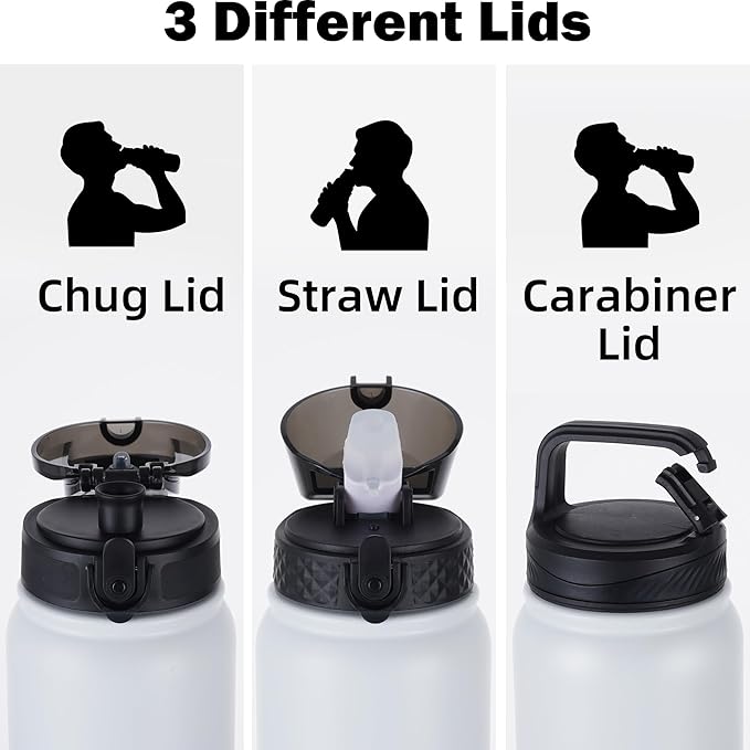Oldley Insulated Water Bottle 32oz Water Bottles with Straw, Stainless Steel Water Bottle with 3 Lids, Double Wall Vacuum Thermo for Adults Kids,Leak-Proof Sport Bottles for School Travel, White Black