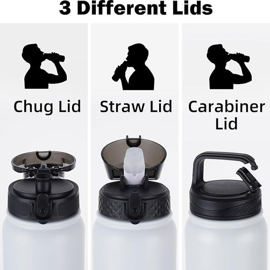 Oldley Insulated Water Bottle 32oz Water Bottles with Straw, Stainless Steel Water Bottle with 3 Lids, Double Wall Vacuum Thermo for Adults Kids,Leak-Proof Sport Bottles for School Travel, White Black