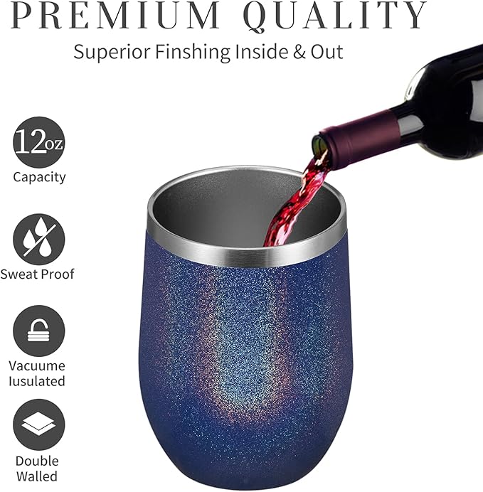 MEWAY Stemless 12 OZ Wine Tumbler Glasses with Lid -Insulated Double Wall Vacuum Stainless Steel Glitter Tumbler with Straw,for Woman Under 10 dollars (Rainbow Navy,1)