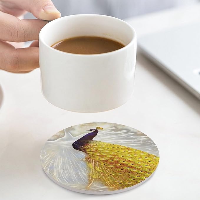 Round-4PCS Peacock Ceramic Coasters, Round Absorbent Drink Coasters, Vintage Style Beautiful Gold White Peacock Ceramic Table Coasters for Coffee, Beverage, Wine, Beer Coasters