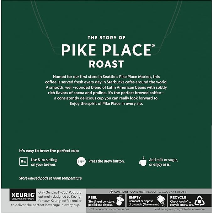 Starbucks Coffee K-Cup Pods for Keurig Brewers, Pike Place Roast, Medium Roast (32 Count (Pack of 4))