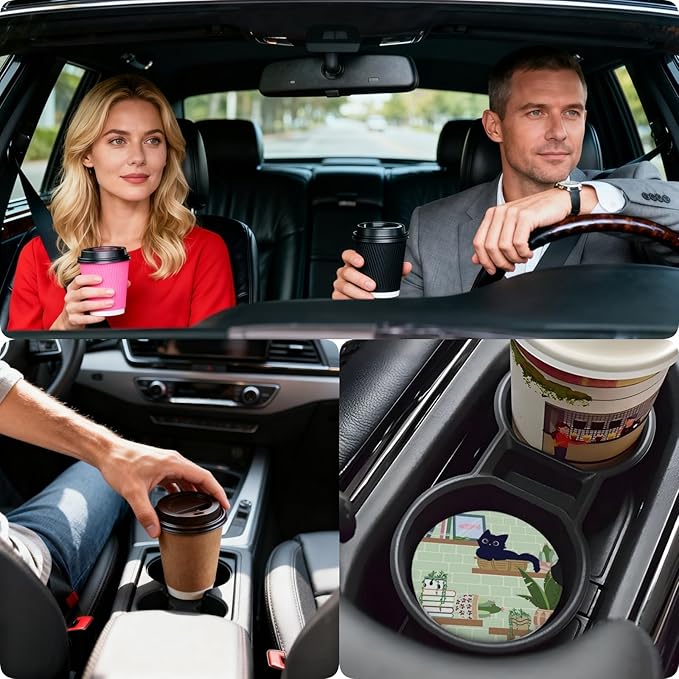 Car Cup Holder Coasters, 2 Pcs Ceramic Coasters with Finger Slot and Cork Back, Anti-Slip Shock Absorbing Women and Men Universal Car Accessories - Bookshelf Cat