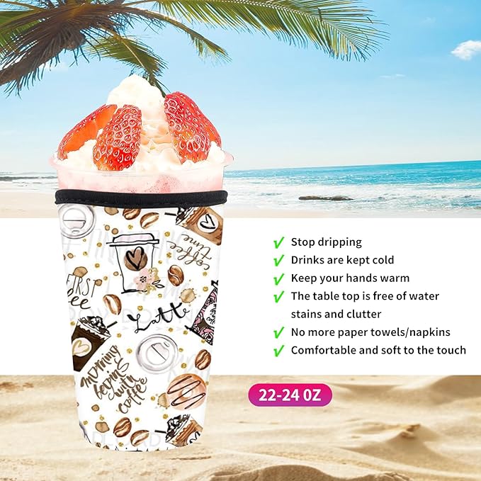 Reusable Neoprene Insulator Sleeve for Iced Coffee Cold Soda Cups, Cute Durable Drink Sleeve for Cold Beverages, Medium 22-28oz Cup Sleeve Cute Coffe