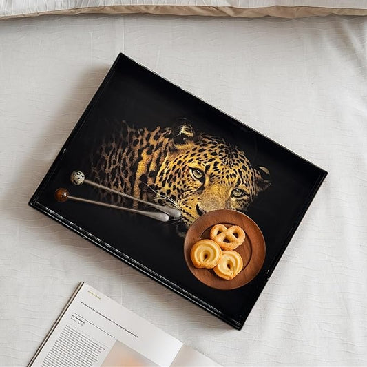 Serving Tray with Handles, 15.7 * 11.8 inches, Plastic Ottoman Tray with Exquisite Paintings, Trays for Coffee Table