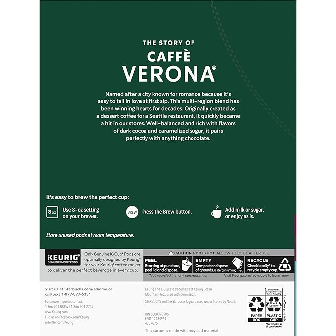 Starbucks K-Cup Coffee Pods, Dark Roast Hot or Iced Coffee, Caffè Verona, 96 Keurig Pods