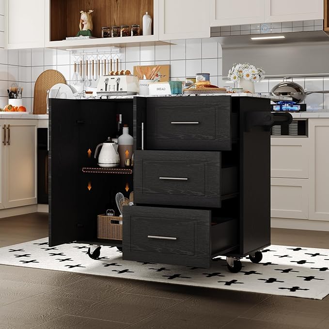 4 EVER WINNER Kitchen Island on Wheels, Island Table for Kitchen with Towel Rack & Spice Rack, Marble Tabletop, Kitchen Island with Drop Leaf, Black