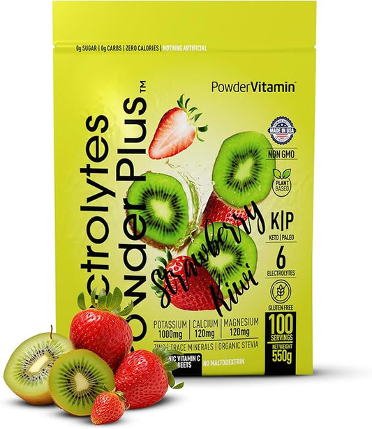 PowderVitamin Electrolytes Powder Plus (100 Servings) Strawberry Kiwi Electrolyte Powder Zero Calorie Keto,0 Sugar, No Maltodextrin,1000mg Potassium,120mg Calcium,120mg Magnesium, Hydration Powder