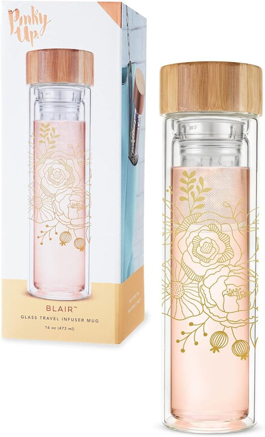 Pinky Up Blair Travel Infuser Mug, Double-Walled Glass, Stainless Steel Strainer, 16 Oz, Bouquet