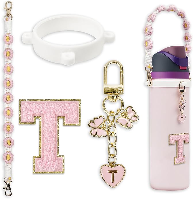 Compatible with Owala Water Bottle Accessories, Cute Letter Charm Set with Boho Handle Strap, Monogram Sticker, Silicone Ring, Keychain Decoration, for FreeSip 24 32 40oz, Owala Kids, Tumbler Gift