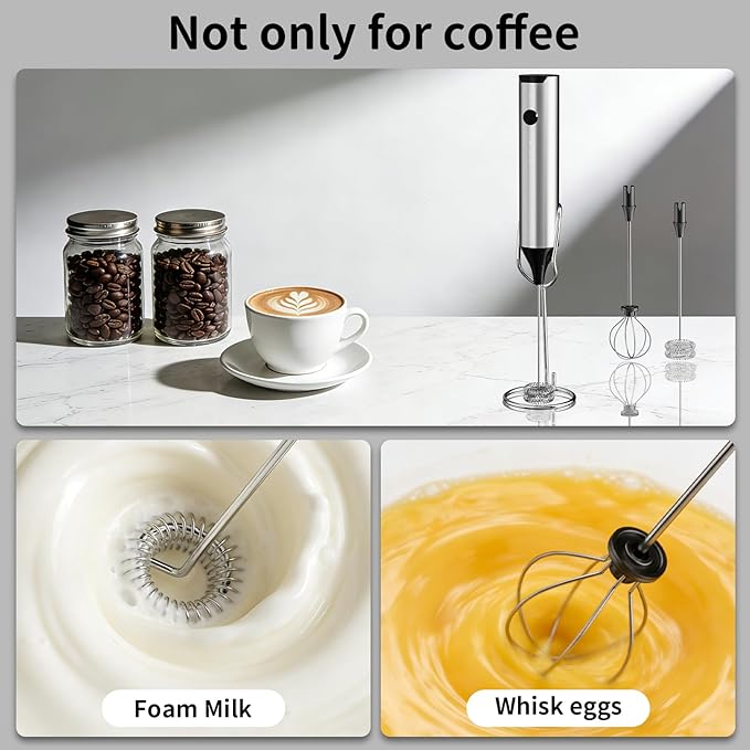 Kitchen Milk Frother Handheld with Stand, 3 Speeds Adjustable Mixer Electric Handheld Frother Wand, Hand Mixer Matcha Whisk Coffee Stirrers for Matcha, Hot Chocolate, Egg - Stainless Steel