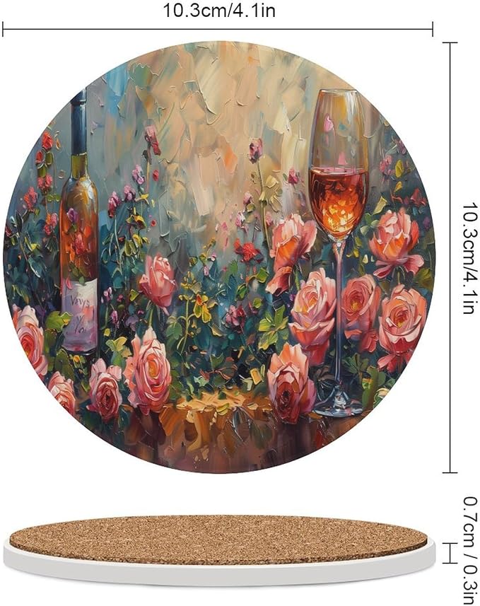 Red Wine Drink Coasters, Round Ceramic Drink Coaster Round-6PCS, Oil Painting Style Red Wine Grapes Floral Rose Flower Pattern Decor Absorbent Ceramic Coasters for Beverage Cup, Bar, Coffee Table