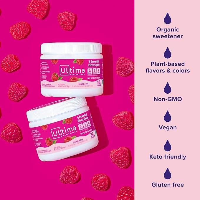 Ultima Replenisher Daily Electrolyte Powder Drink Mix – Sugar Free – Raspberry, 30 Servings – Hydration Powder with 6 Key Electrolytes and Trace Minerals – Keto Friendly, Vegan, Non-GMO