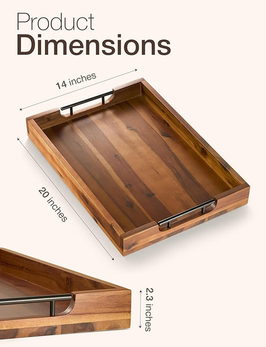 20 Inch Acacia Wood Ottoman Tray for Living Room - Coffee Table Trays, Serving Tray with Handles for Ottoman Table, Decorative Trays for Home Decor, Charcuterie Boards (Acacia Color)