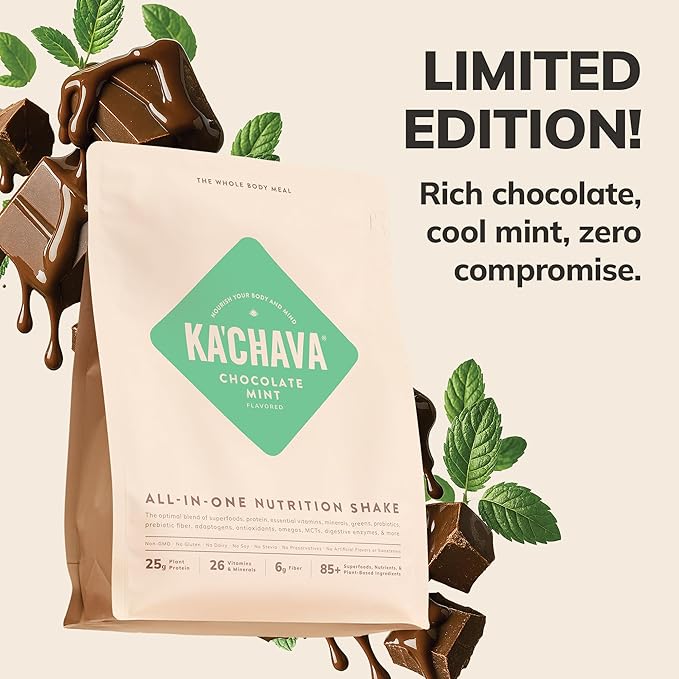 Ka’Chava Whole Body Meal Shake Chocolate Mint 2 lb – Vegan Protein Powder with 85+ Superfoods & Greens – Plant-Based Meal Replacement with Probiotics & Digestive Enzymes – Gluten & Dairy Free