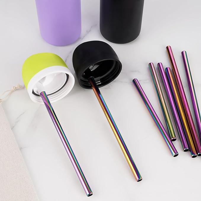 NiHome 6-Pack Iridescent Stainless Steel Drinking Straws, Compatible with Owala Kids’ FreeSip 16oz, Food-Grade Rust-Resistant Material, Includes Cleaning Brushes & Travel Storage Bag