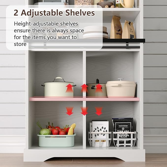 4ever2buy Farmhouse Tall Coffee Bar with Tall Hutch, Buffet Cabinet with Storage, 70 Inch Coffee Bar Cabinet with Sliding Barn Door and Adjustable Shelves for Living Dining Room, White