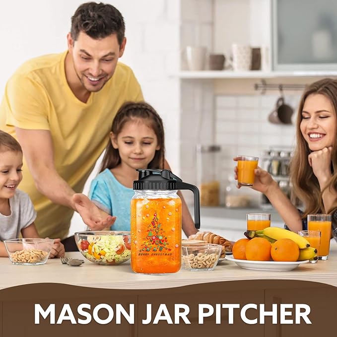 Christmas Gift for Mom,Mason Jar Pitcher, 64 oz Glass Milk Pitcher, Wide Mouth & Leakproof Glass Pitcher with Lid for milk, Sun Tea, Juice, Cold Brew Coffee and Drinks(Christmas tree）