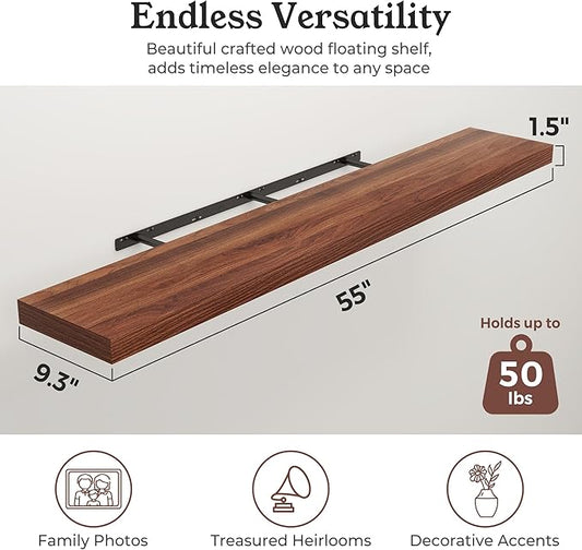 Floating Shelves for Wall, 9.3" Deep Wall Mounted Wood Shelves for Bathroom, Bedroom, Living Room, Kitchen, Hanging Shelf for Books/Storage/Room Decor (Walnut, 55")