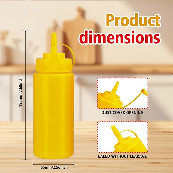 Squeeze Bottles for Sauces,Leak-Proof Condiment Dispenser, BPA-Free Kitchen Restaurant Squeeze Bottle Set with Wide Mouth for Ketchup, Mustard,Syrup,Dressings (Yellow, 2Pack-16oz(400ml))