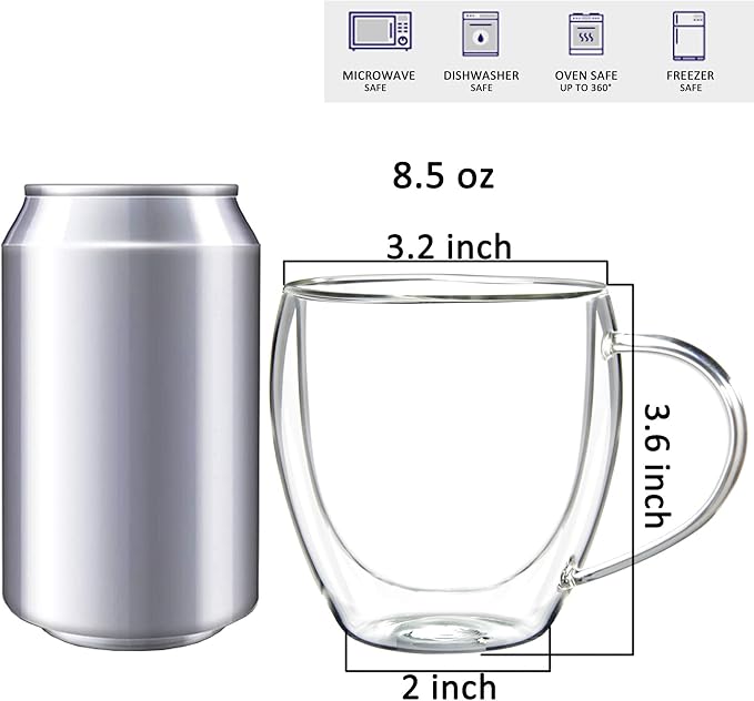 Youngever 2 Pack Glass Coffee Cups, Double Wall Thermo Insulated Coffee Cups, Glass Coffee Mugs (8.5 Ounce)