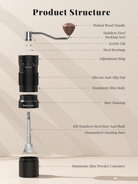 Manual Coffee Grinder for Espresso & Pour Over, External Adjustable Burr Grinder with 16μm Precision, CNC Stainless Steel Conical Burr, Aluminium Body, Drill Compatible, Black