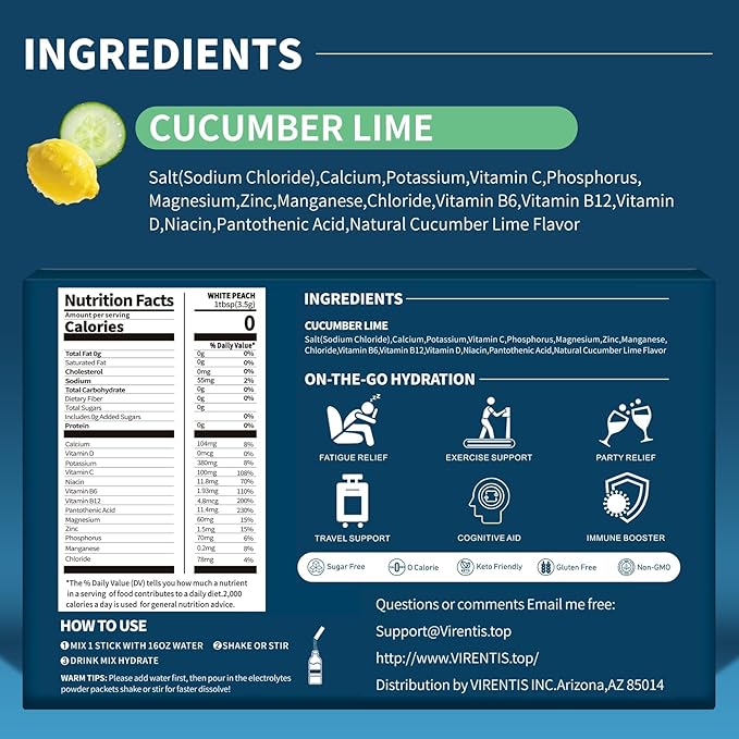 16 Sticks Electrolytes Powder Packets Sugar Free Hydration Packets Liquid Daily IV Electrolyte Drink Mix for Rehydration with 8 Electrolytes & 6 Vitamins, Low Sodium, Cucumber Lime