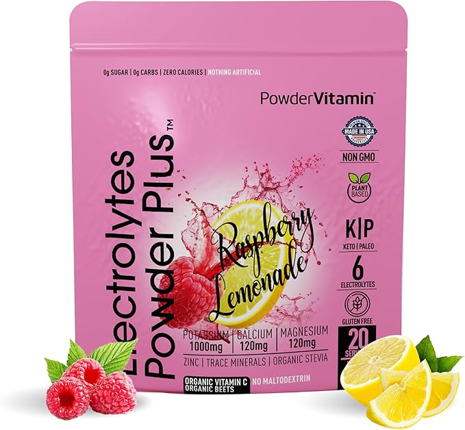 PowderVitamin Electrolytes Powder Plus (20 Servings) Raspberry Lemonade Electrolyte Powder Zero Calorie Keto,0 Sugar,No Maltodextrin,1000mg Potassium,120mg Calcium,120mg Magnesium, Pink Himalayan Salt