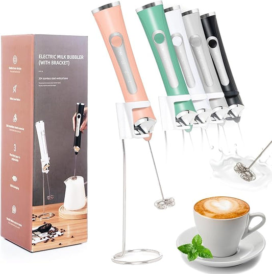 Rechargeable Milk Frother Handheld For Coffee,3 Speeds Frother Wand With Stand, Batidora De Mano Electrica,Coffee Frother With 2 Heads,Drink Mixer Electric Handheld,Kitchen Essentials (Pink 1)