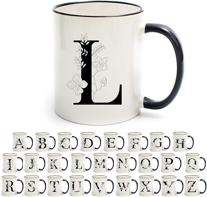 Monogram Ceramic Coffee Mugs, 11 oz Initial Drinking Cup with Gift Box, Unique Birthday Valentines Day Gifts for Women Wife Mothers Day Grandma Mom Aunt, L