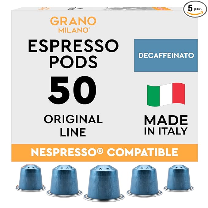 Grano MIlano Decaffeinato - 50 Aluminium Coffee Pods Compatible with Nespresso Original line - Intensity 7, Medium Roast Coffee Capsules Made in Italy