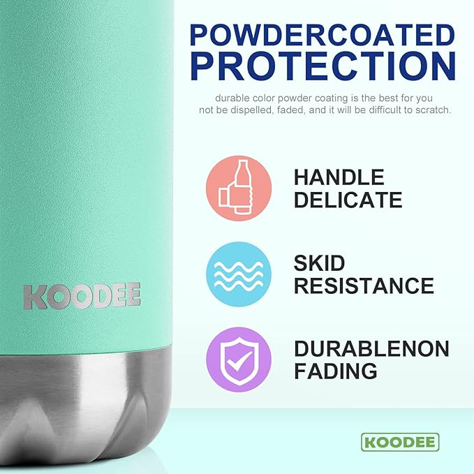 koodee Insulated Water Bottle, 17 oz Stainless Steel Double Wall Vacuum Flask Cola Shape Leak Proof Sports Water Bottle (Aquamarine Blue)